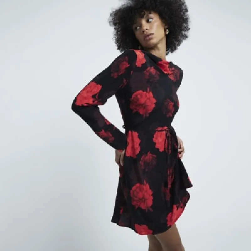 Black Long Sleeve Tie Waist Floral Mini Dress sold by River Island