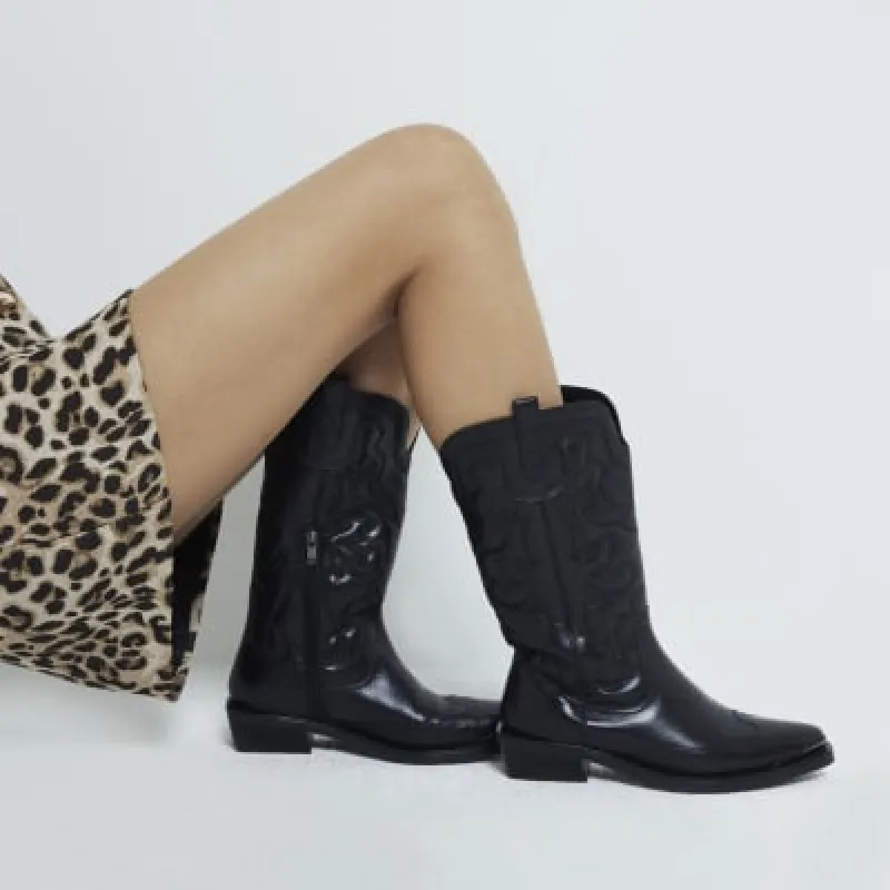 Black Leather Western Padded High Leg Boots sold by River Island