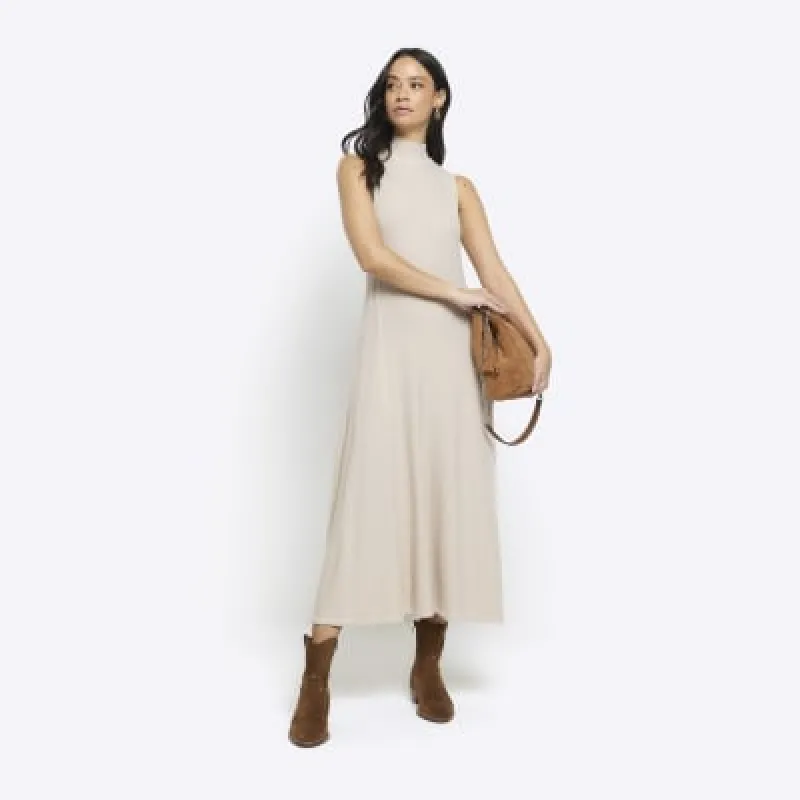 Beige rib sleeveless midi dress sold by River Island