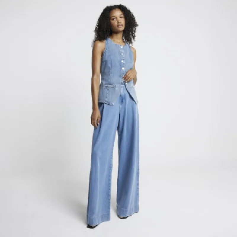 Blue High Neck Denim Waistcoat sold by River Island