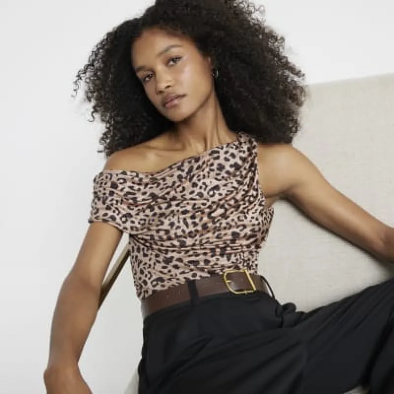 Brown Leopard One Shoulder Drape Top sold by River Island