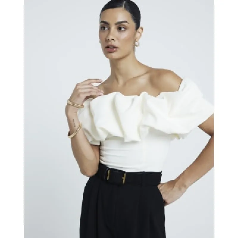 Cream Ruffle Bardot Top sold by River Island