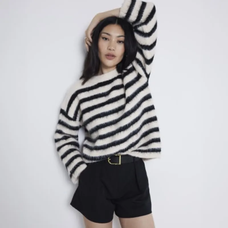 Black Fluffy Knit Stripe Jumper sold by River Island