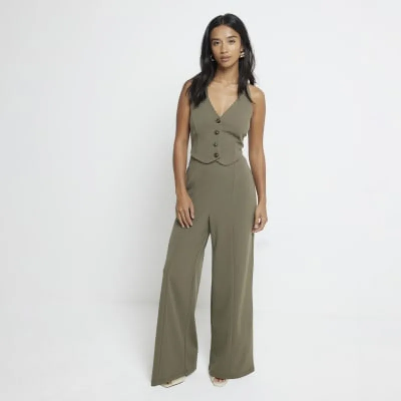Petite khaki waistcoat wide leg jumpsuit sold by River Island