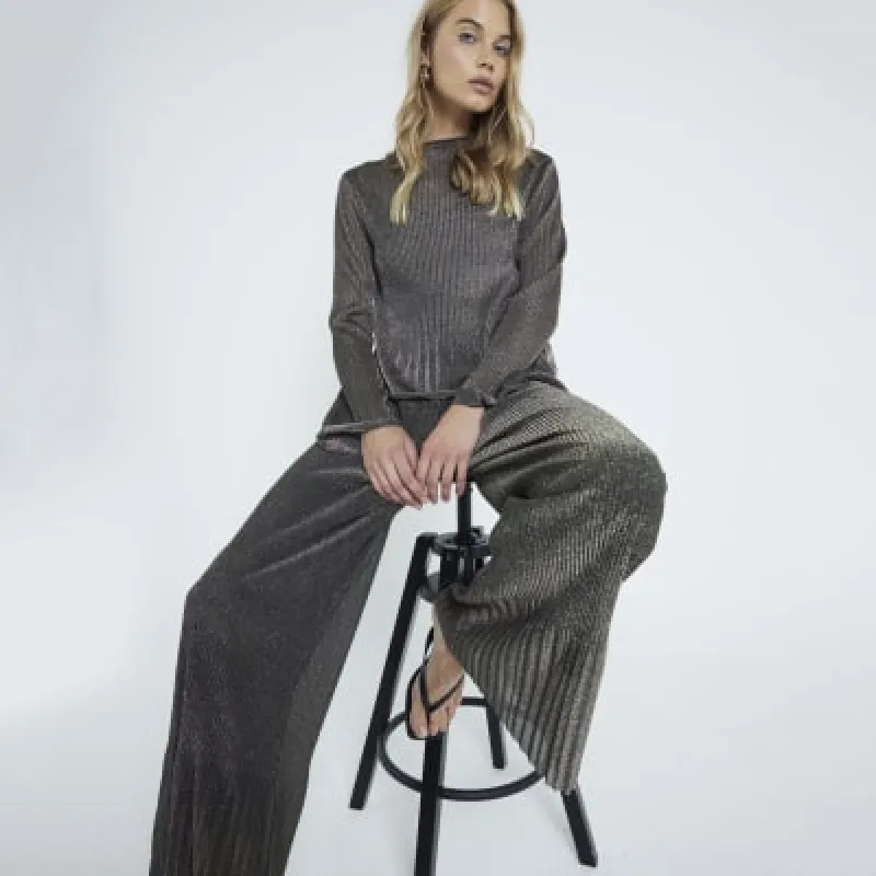 Gold Plisse Wide Leg Trousers sold by River Island