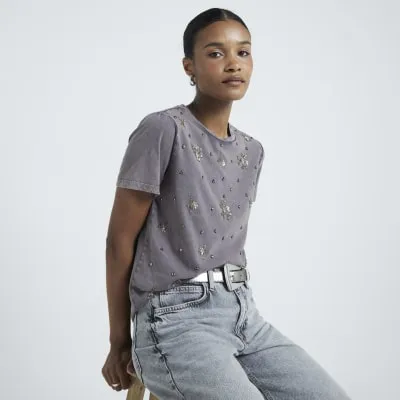 Grey embellished sequin t-shirt sold by River Island