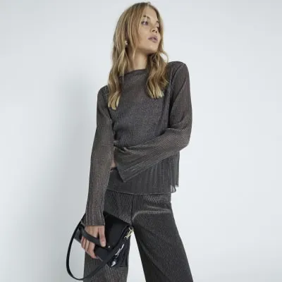 Gold Long Sleeve Flute Plisse Top sold by River Island