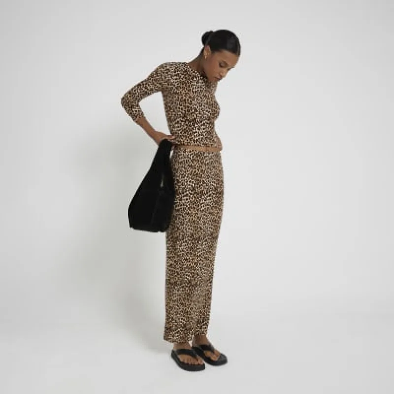 Brown Leopard Pencil Ribbed Maxi Skirt sold by River Island