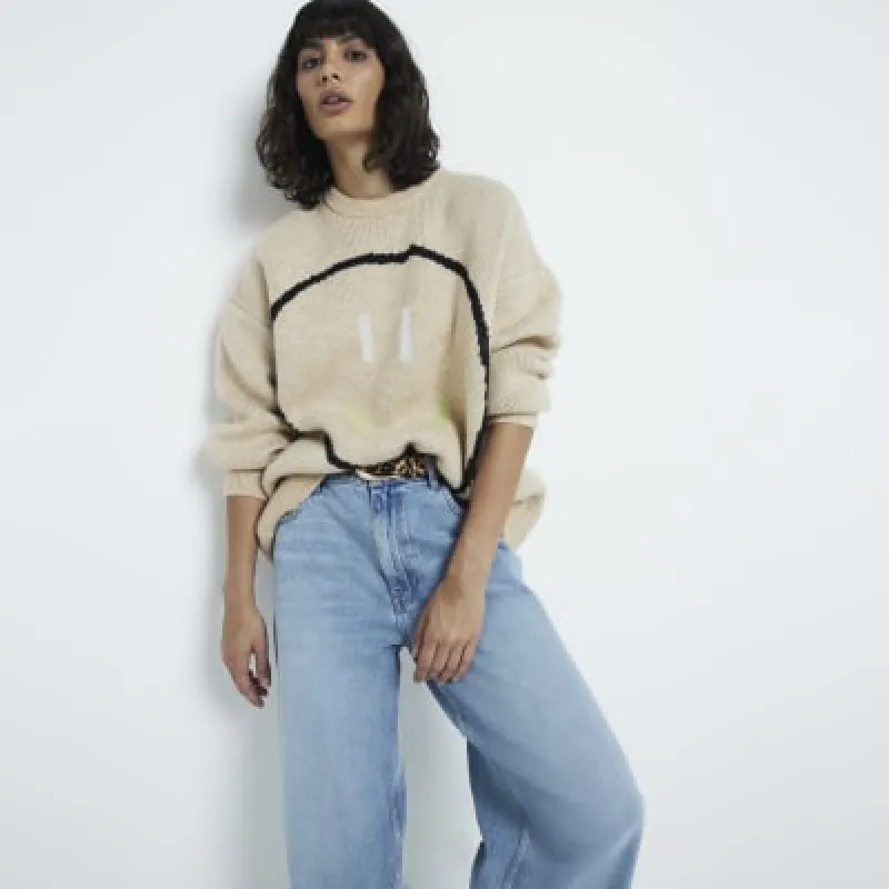 Beige Knit Graphic Oversized Jumper sold by River Island