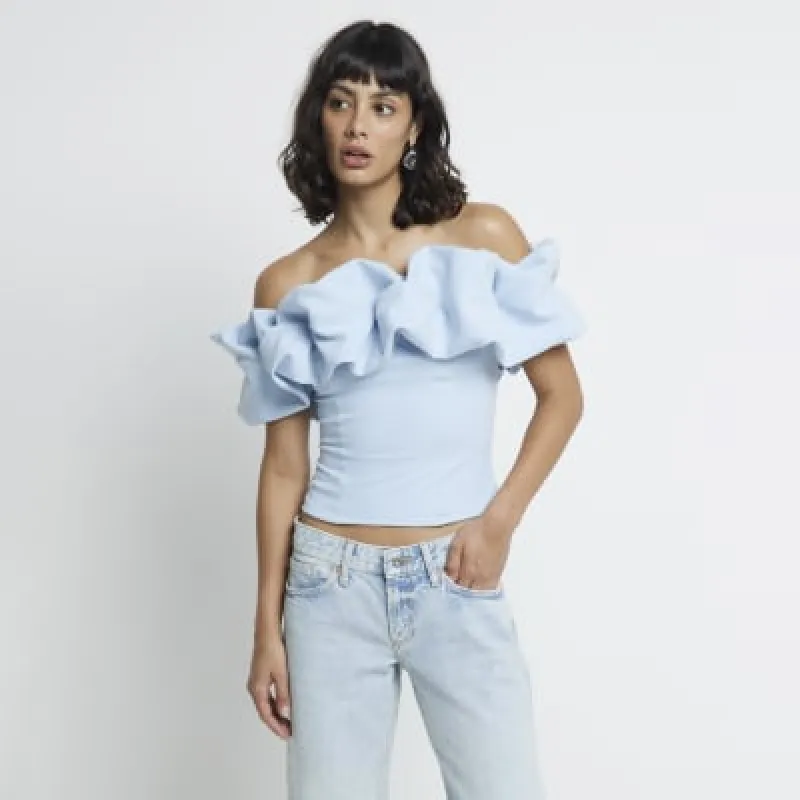 Blue Ruffle Bardot Top sold by River Island