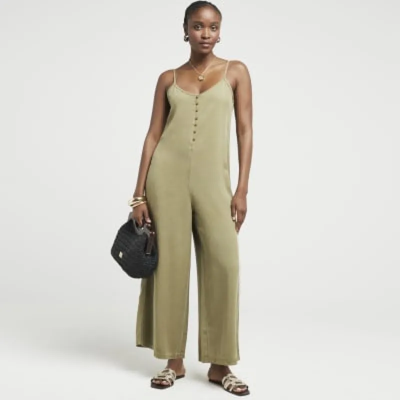 Khaki button up cami jumpsuit sold by River Island