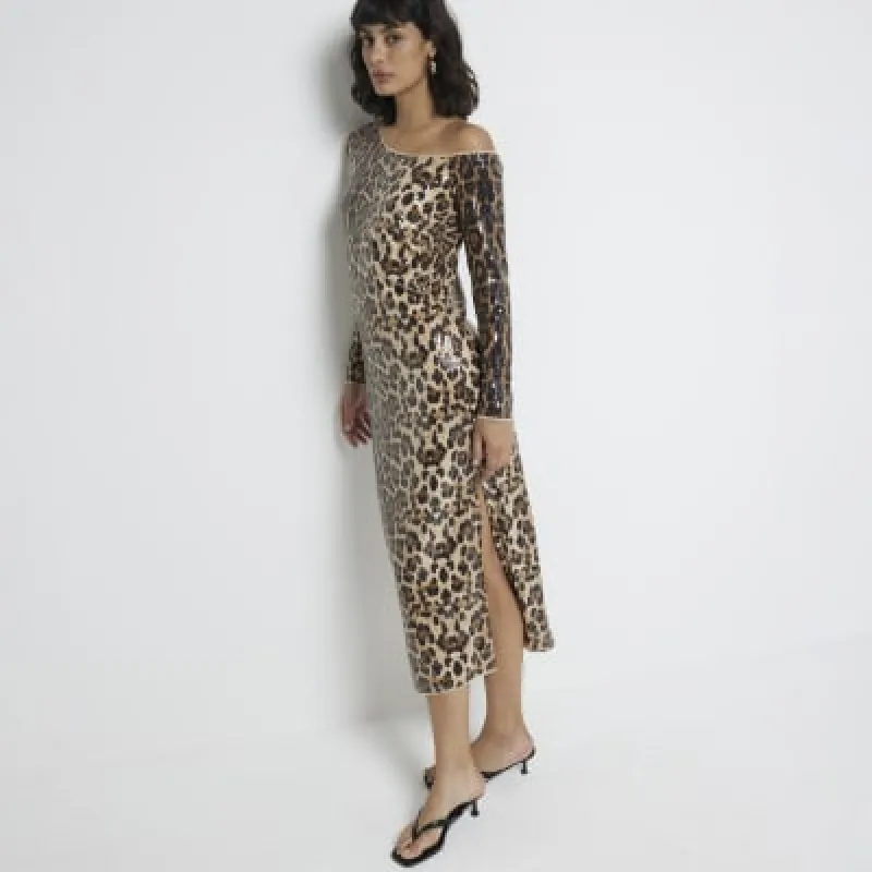 Brown leopard Off Shoulder Midi dress sold by River Island