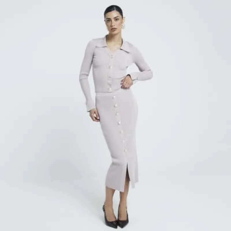 Beige knit button detail midi skirt sold by River Island