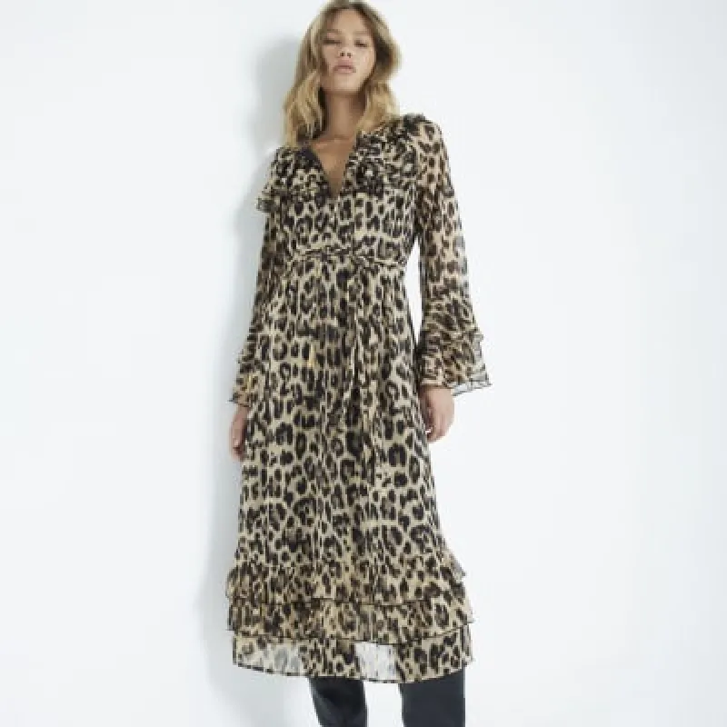 Beige leopard belted frill swing midi dress sold by River Island