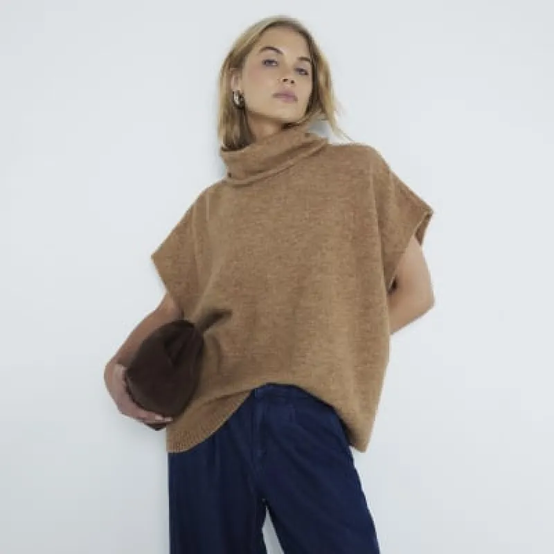 Brown roll neck knitted tabard sold by River Island