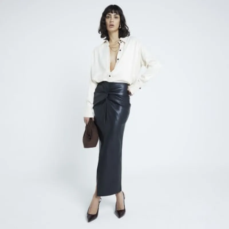 Black Twist Detail Faux Leather Midi Skirt sold by River Island