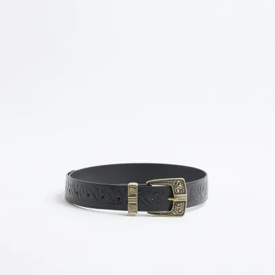 Black Embossed Strap Western Belt sold by River Island