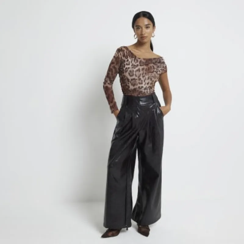 Petite brown mesh leopard asymmetric bodysuit sold by River Island