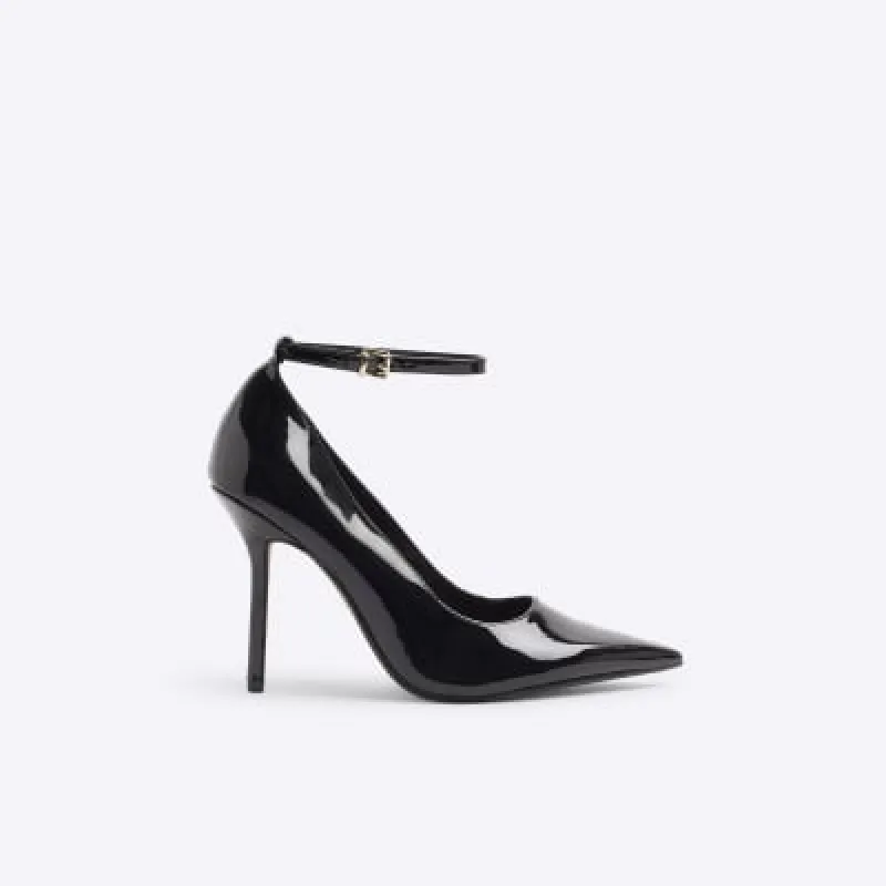 Black ankle strap heeled court shoes sold by River Island
