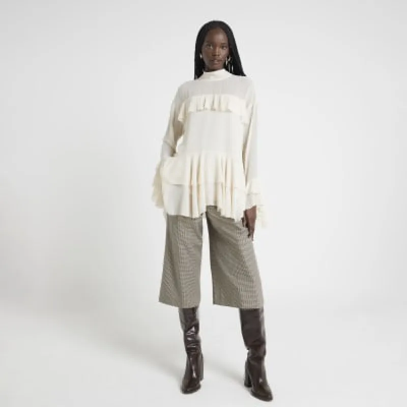 Brown Pleated Wide Leg Crop Trousers sold by River Island