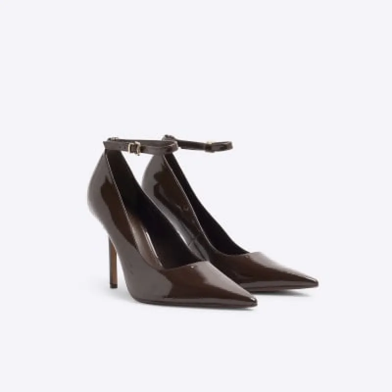 Brown ankle strap heeled court shoes sold by River Island