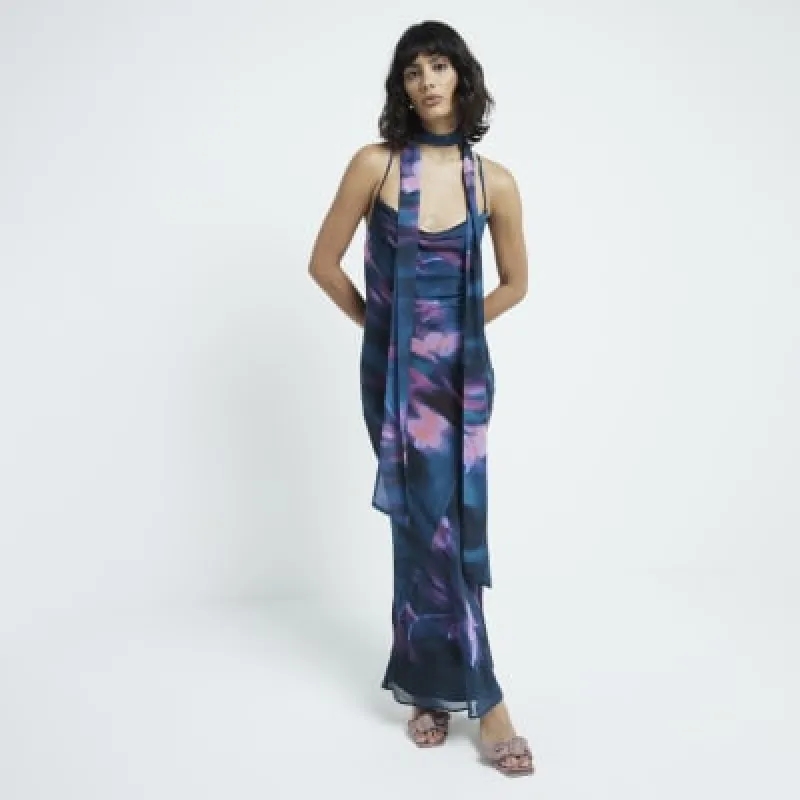 Blue abstract floral scarf bodycon maxi dress sold by River Island
