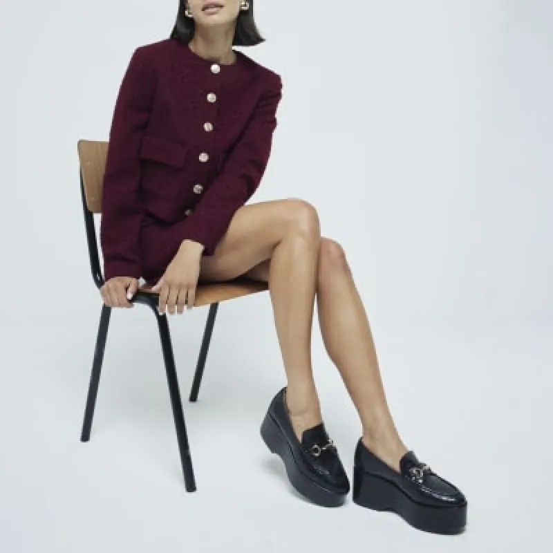 Black croc embossed platform loafers sold by River Island