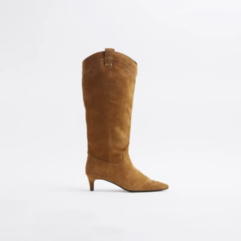 Brown Suede Knee High Western Boots sold by River Island