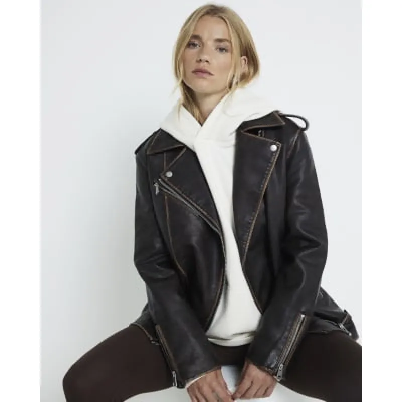 Brown faux leather oversized biker jacket sold by River Island