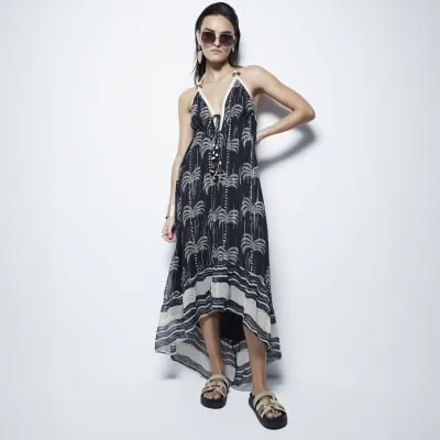 Black Monochrome Palm Print Maxi Dress sold by River Island
