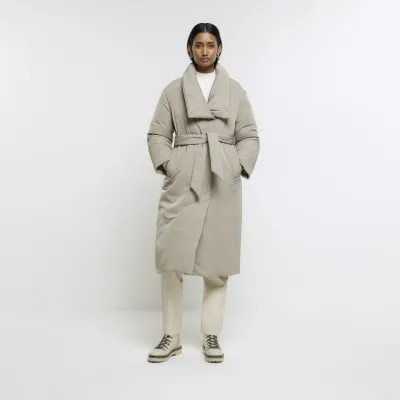 Green belted wrap puffer jacket sold by River Island