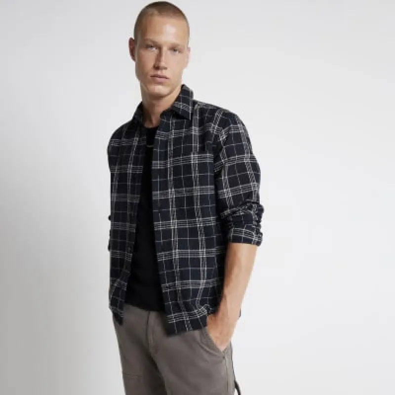 Black regular fit waffle texture check shirt sold by River Island