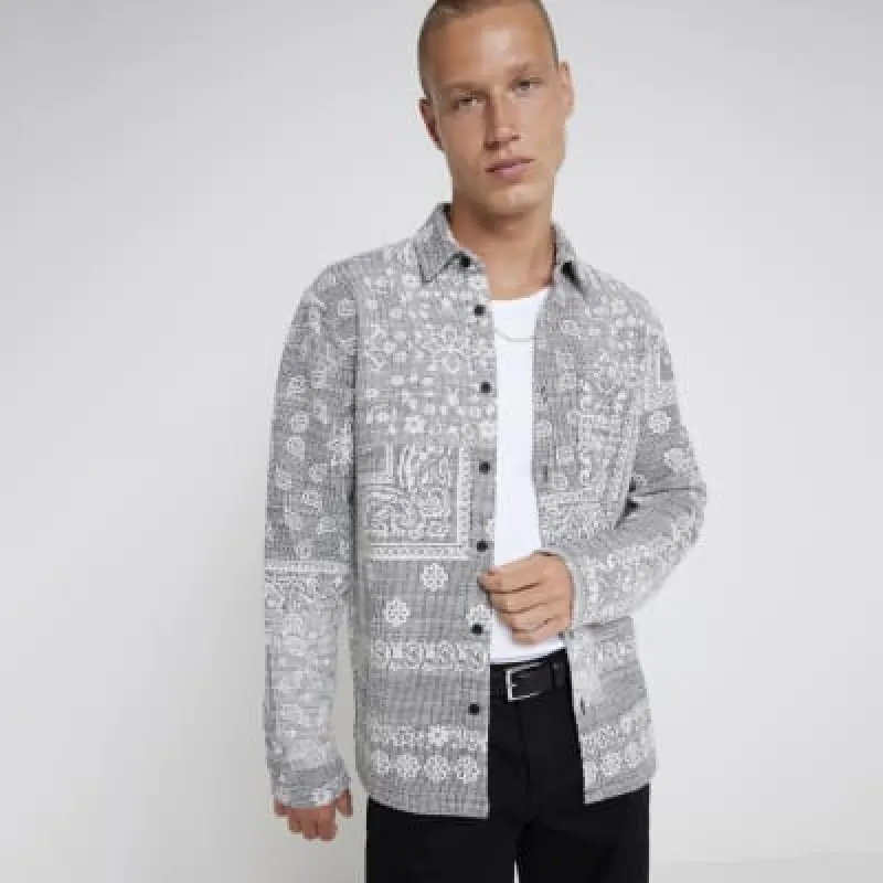 Grey regular fit textured paisley shirt sold by River Island