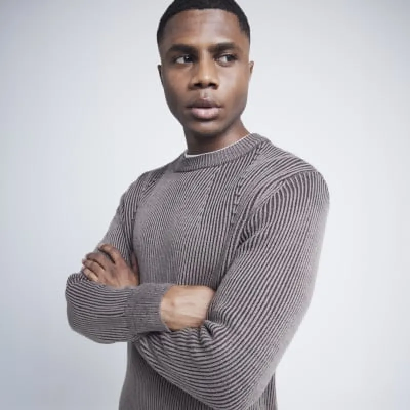 Brown slim fit plaited crew neck jumper sold by River Island