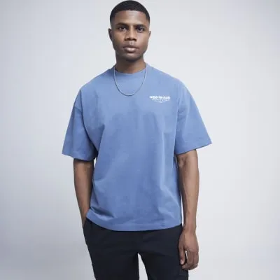 Blue oversized fit graphic script t-shirt sold by River Island