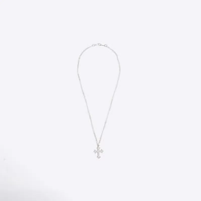 Silver Rhinestone Cross Necklace sold by River Island