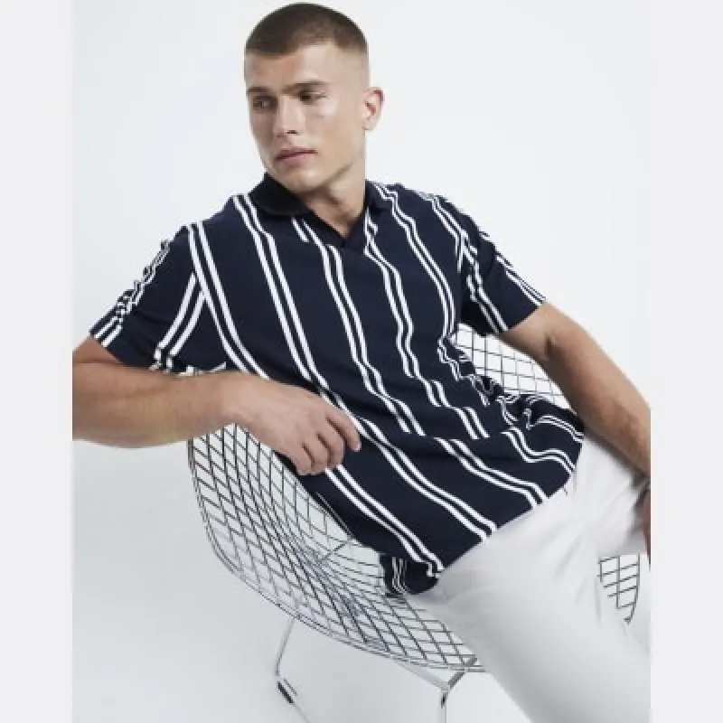 Navy slim fit stretch textured stripe polo sold by River Island