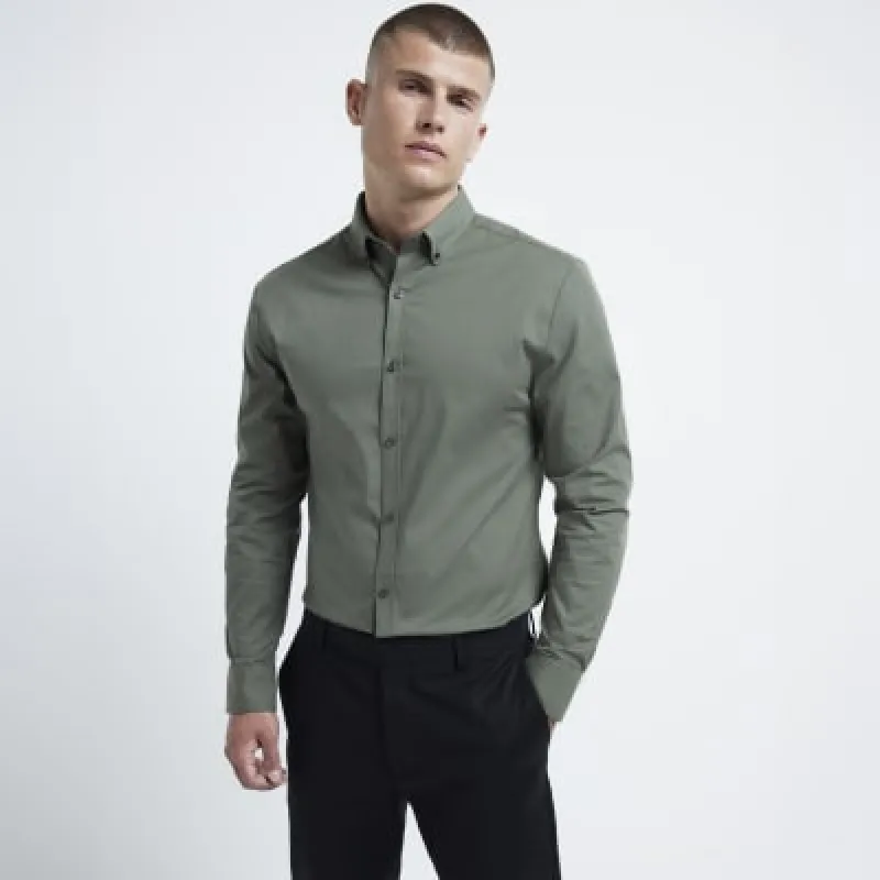 Khaki muscle stretch smart long sleeve shirt sold by River Island