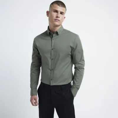 Khaki muscle stretch smart long sleeve shirt sold by River Island