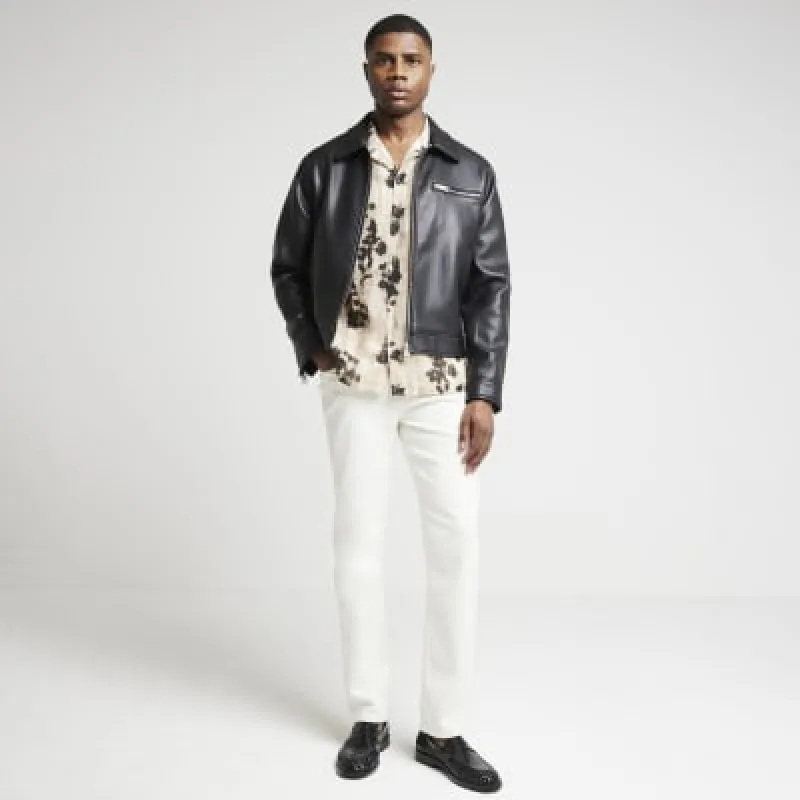Black regular faux leather zip bomber jacket sold by River Island
