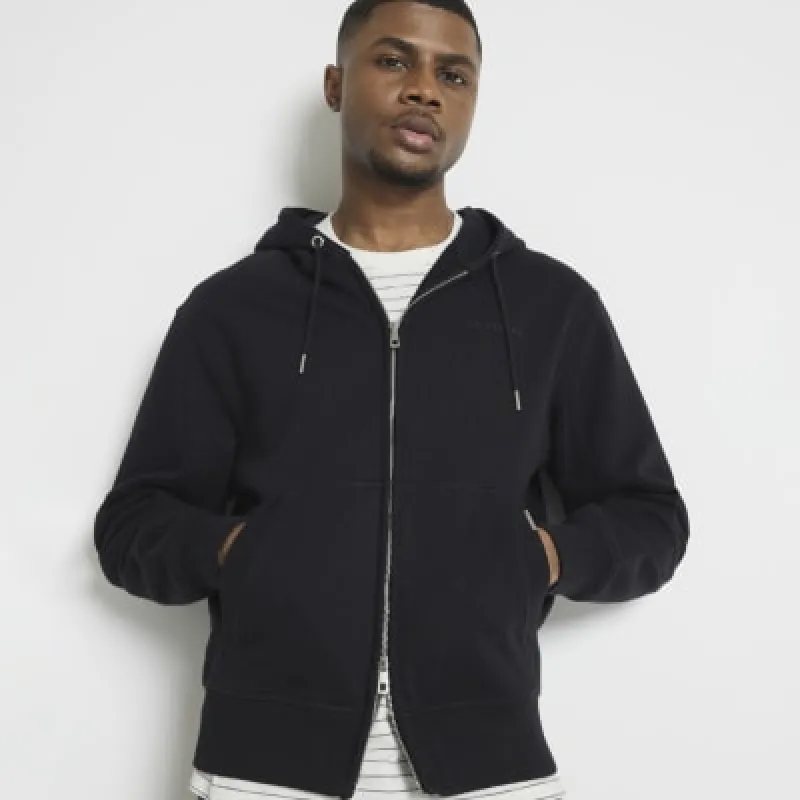Black regular fit essential hoodie sold by River Island