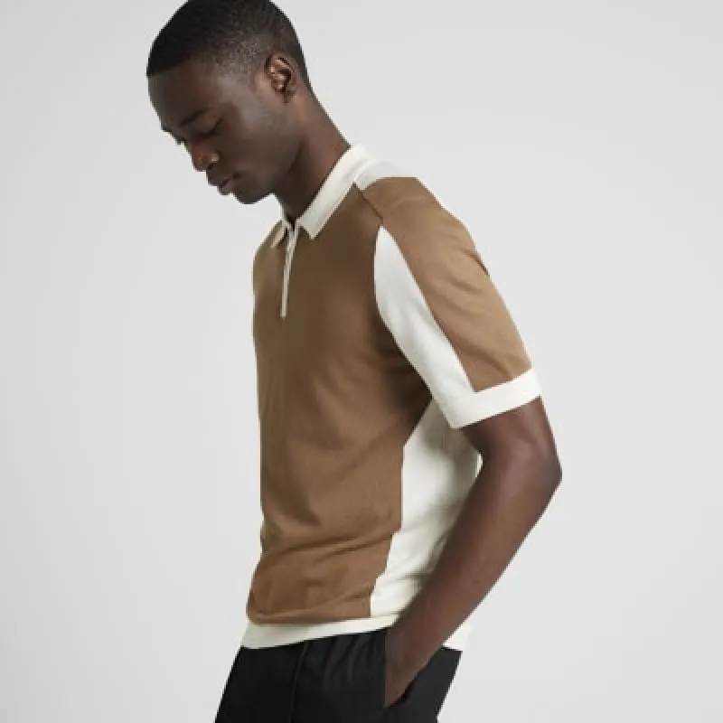 Brown slim fit colour block knitted polo sold by River Island