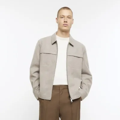 Stone regular fit wool blend zip up shirt sold by River Island