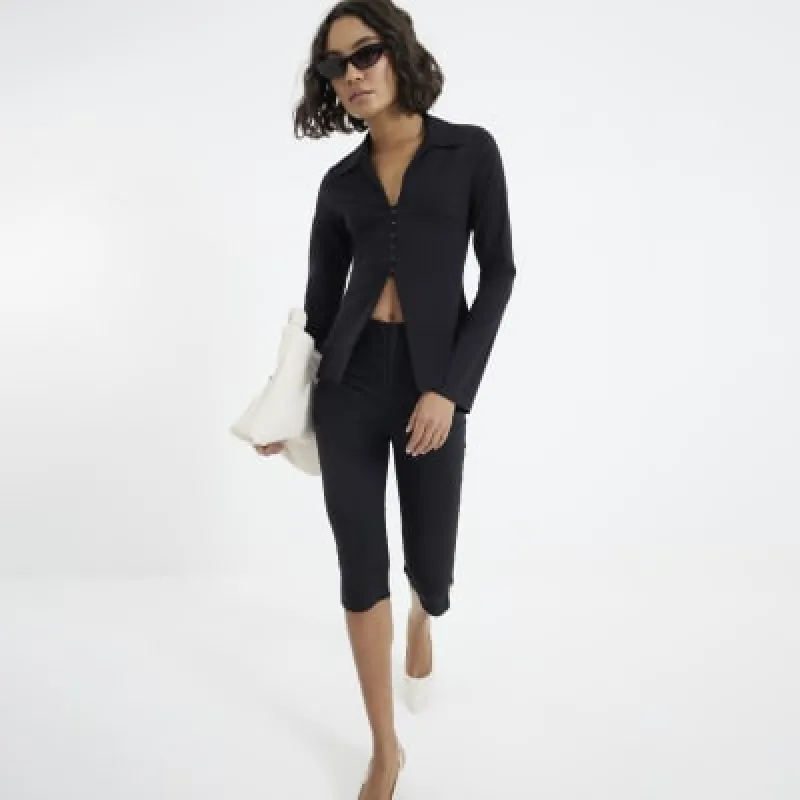 Black Long Sleeve V Neck Top sold by River Island