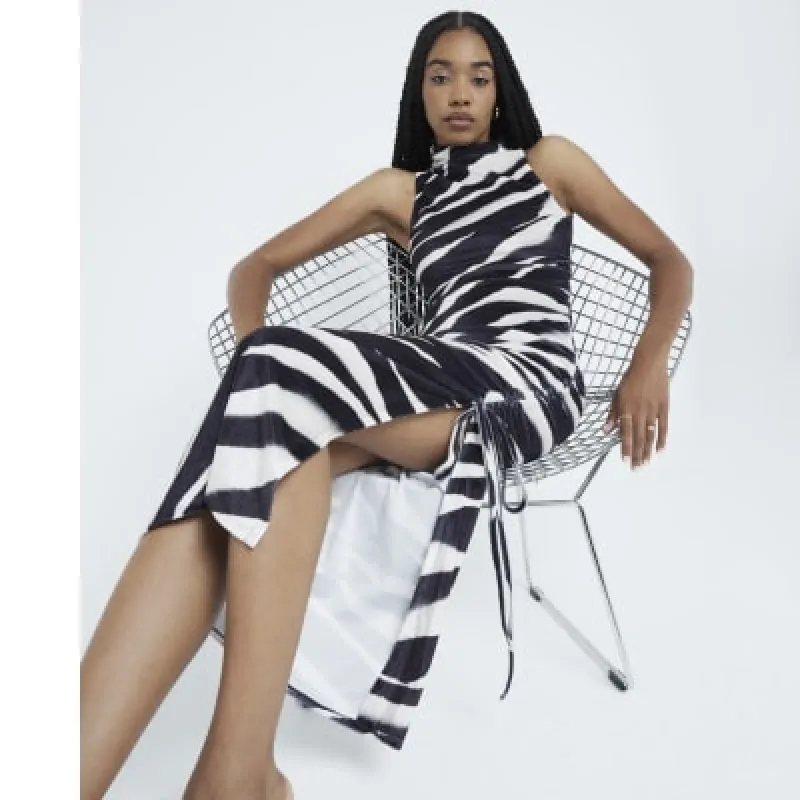 Black Velvet Zebra Ruched Midi Dress sold by River Island