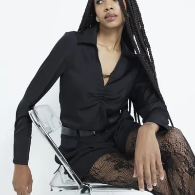 Black Ruched Detail Long Sleeve Blouse sold by River Island