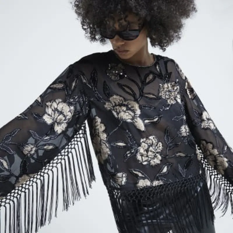 Black Devore Floral Embellished Fringe Top sold by River Island