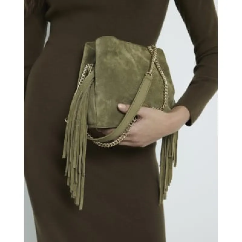 Green Suede Fringed Cross body bag sold by River Island