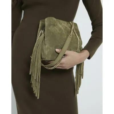 Green Suede Fringed Cross body bag sold by River Island