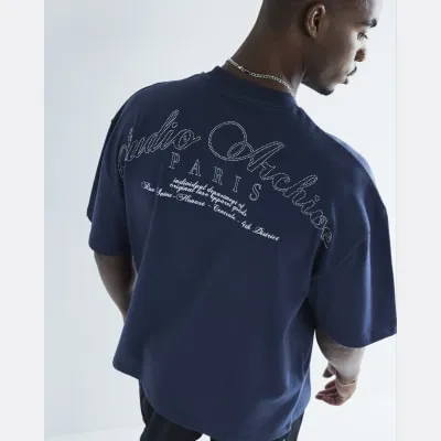 Navy Short Sleeve Studio Archive T-Shirt sold by River Island